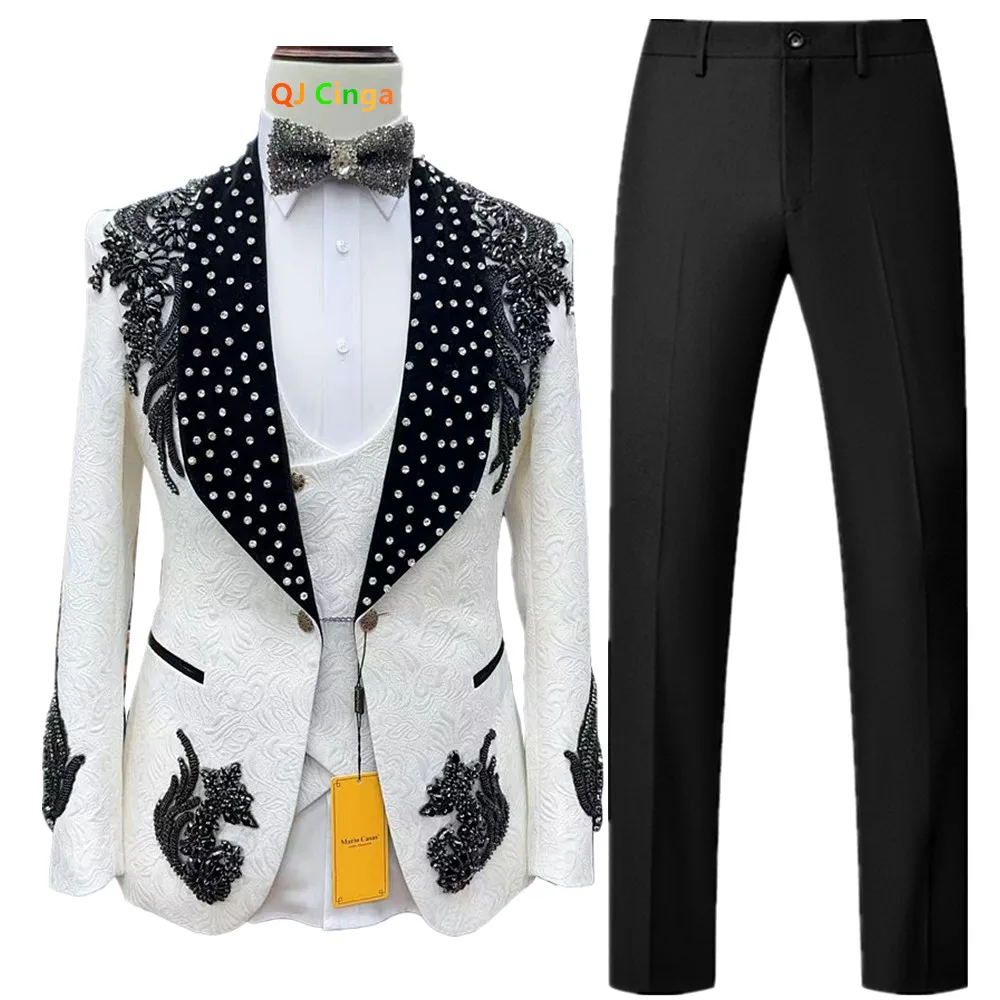 

Dazzling Men’s Formal Suit Set: White Sequin & Crystal Embroidered Blazer + Vest + Black Slim Trousers for Weddings/Parties