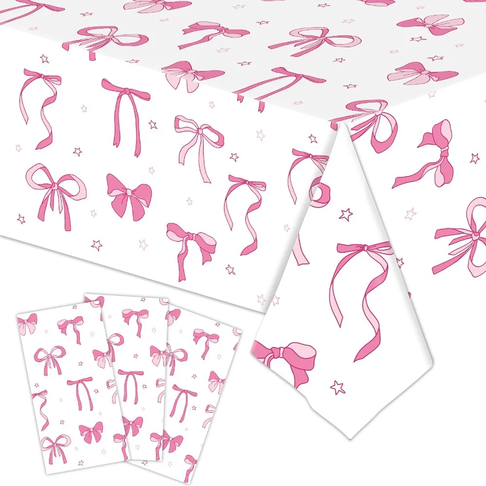 Cute Bow Birthday Theme Table Clothes Plastic Disposable Table Cover Waterproof Black Pink White Tablecloth for Girls Kids