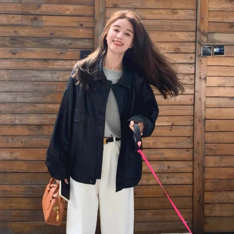Elegant Sophisticated Solid PU Faux Leather Jacket Women Spring Autumn 2026 New Style Popular Fashion Motorcycle Women Top