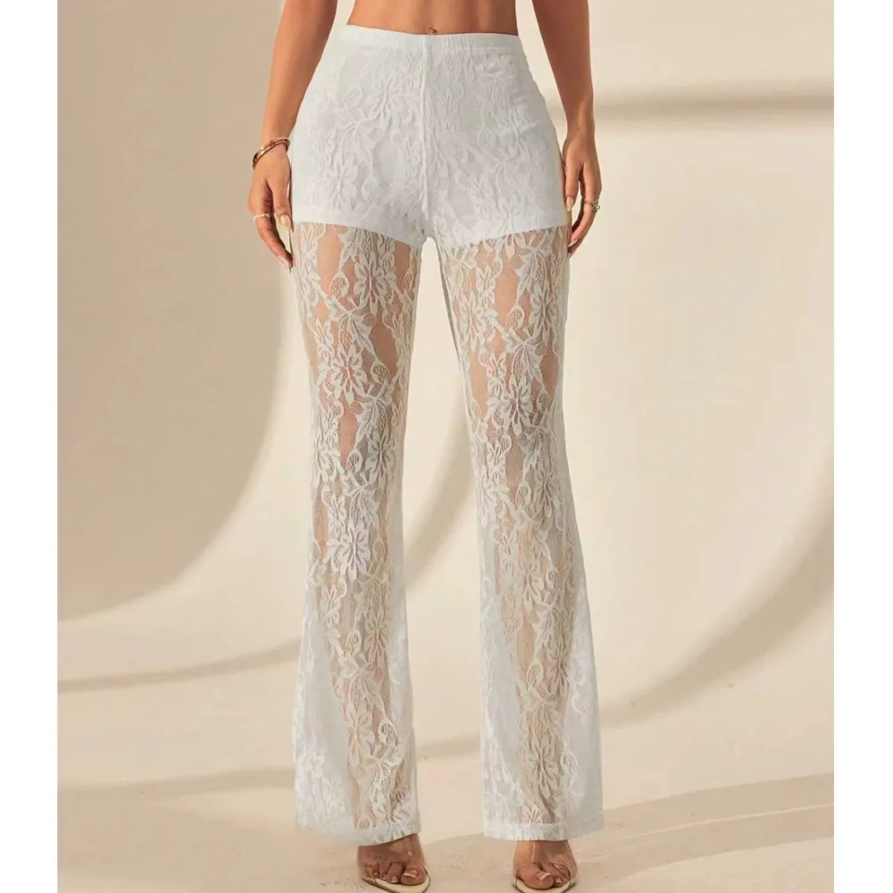 Women's High Waist Lace Flared Pants Sexy Transparent Hollow Trousers Fashionable Beach Wedding Party Trousers Ropa Mujer