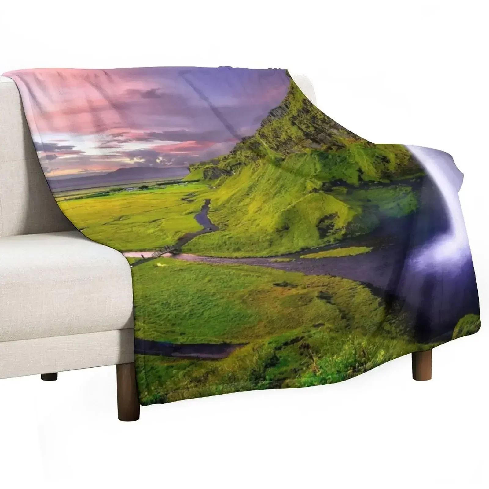 Iceland Seljalandsfoss waterfall and surrounding green cliff landscape nature color photograph Throw Blanket