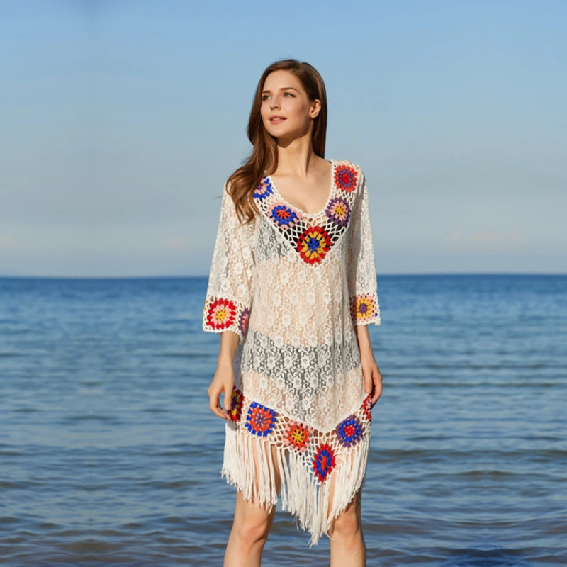 Wakacje plaża sukienka długie kobiety letnie Bikini Cover Up europa ciepła Patchwork kolorowe szydełka 3/4 rękaw pomponem Vestidos Mujer