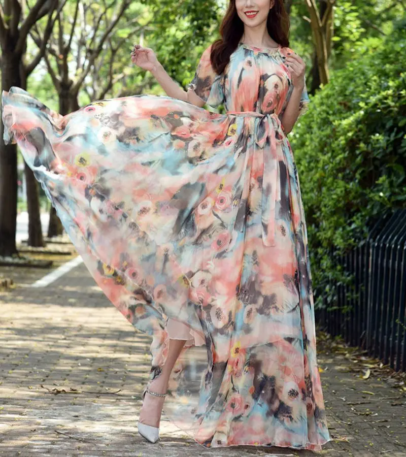 2023 Sundress Beach Chic Women Floral Print Ruffle Chiffon Bohemian Dress Ladies Short Sleeve Boho Maxi Dresses Photo Vestidos