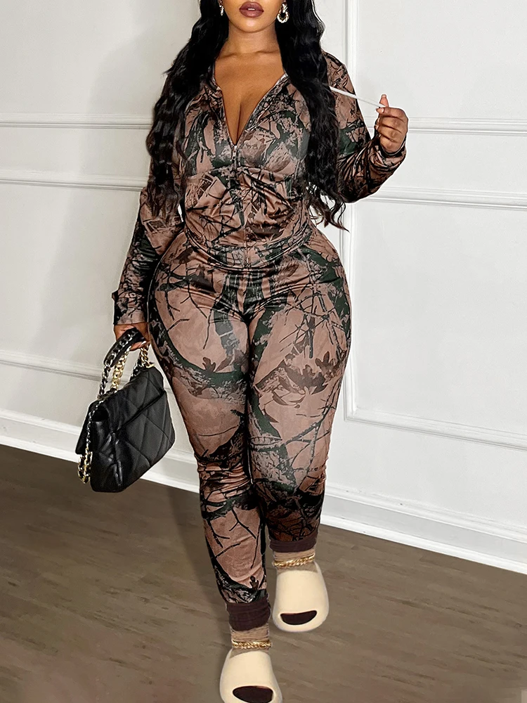 LW Plus Size Pant Two Piece Set for Women 2024 New Fashion Casual Stretch Skinny Trousers Zipper Hooded Print Tracksuit Sets