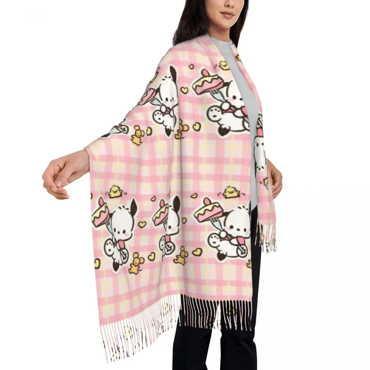 Custom Cartoon Pochacco Kwastje Sjaal Vrouwen Zachte Schattige Sjaals Wraps Vrouwelijke Winter Herfst Sjaals