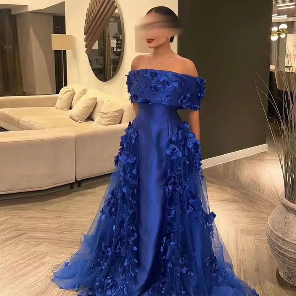 

Elegant Party Dresses for Women 2025 Satin A-line Formal Evening Dress Royal Blue Off-the-shoulder Applique Tulle Prom Gown Long