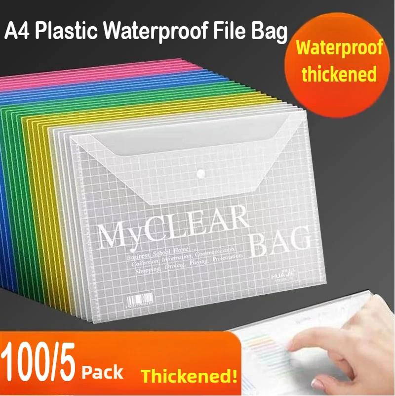 

100/5 PCS A4 Plastic File Bag Information Pocket Folders Transparent Documents Filing Storage Bag School Supplies Stationery