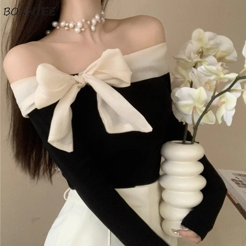 Off Shoulder T-shirts Women Sexy Bow Slash Neck Long Sleeve Slim Tops Temperament Retro Elegant Sexy Chic Korean Style Fashion