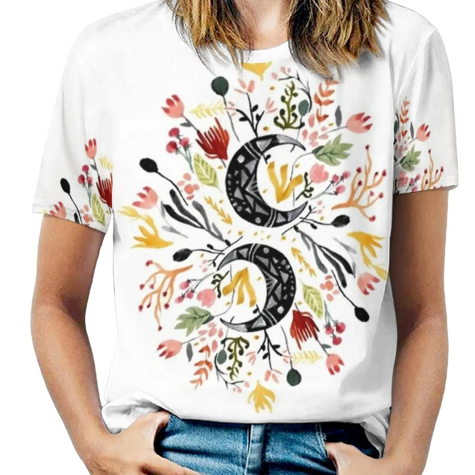 Moon Garden Women T-Shirt Crewneck Casual Short Sleeve Tops Summer Tees Moon Pattern Floral Mystic Watercolor Flowers