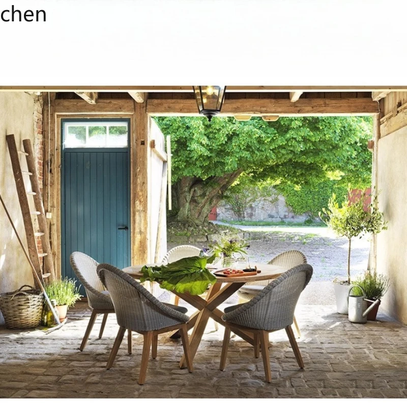 

HXL Outdoor Table and Chairs Outdoor Garden Courtyard Solid Wood Dining Table Rattan Chair Waterproof