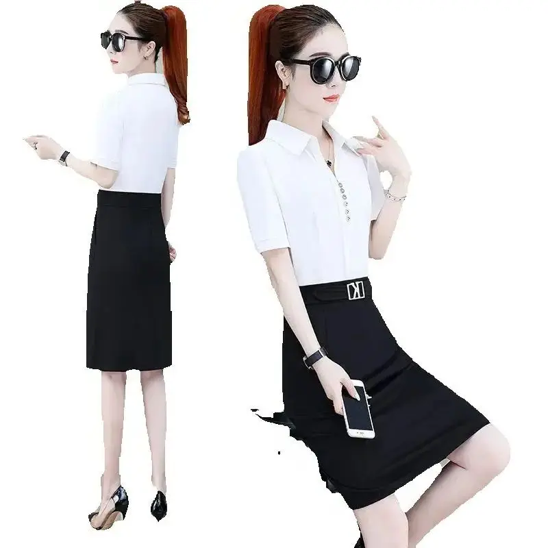 المرأة 2025 صيف جديد فستان حفلة أنيقة موضة سليم عالية الخصر منتصف طول بلون تنورة الإناث شريط تي شيرت مطبوع