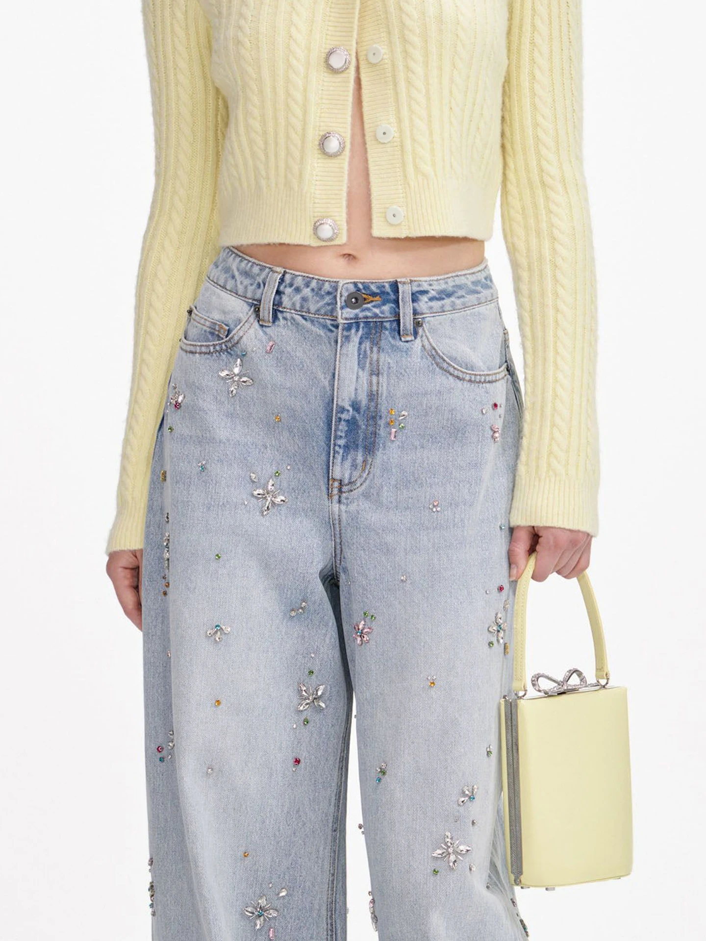 High Waist Wide Leg Denim Jeans Women's Premium Fashion Summer Heavy Drill Glitter Casual Style Casual Wear Resistant