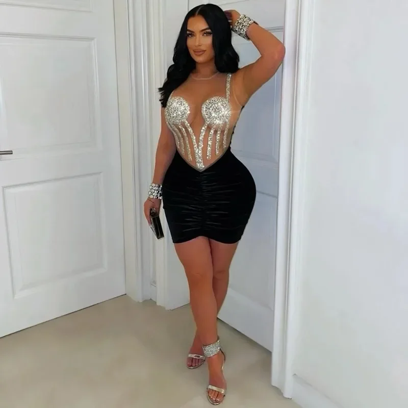 GUWU Abito corto da donna con diamanti caldi, sexy, in maglia trasparente, con giunture in velluto, avvolgente, per feste notturne