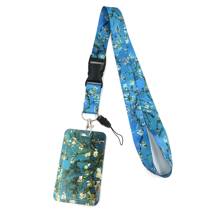 Van gogh Almond Tree Painting Lanyard Credit Card ID Holder Bag Student Women Travel Card Cover Badge Car Keychain Accessories