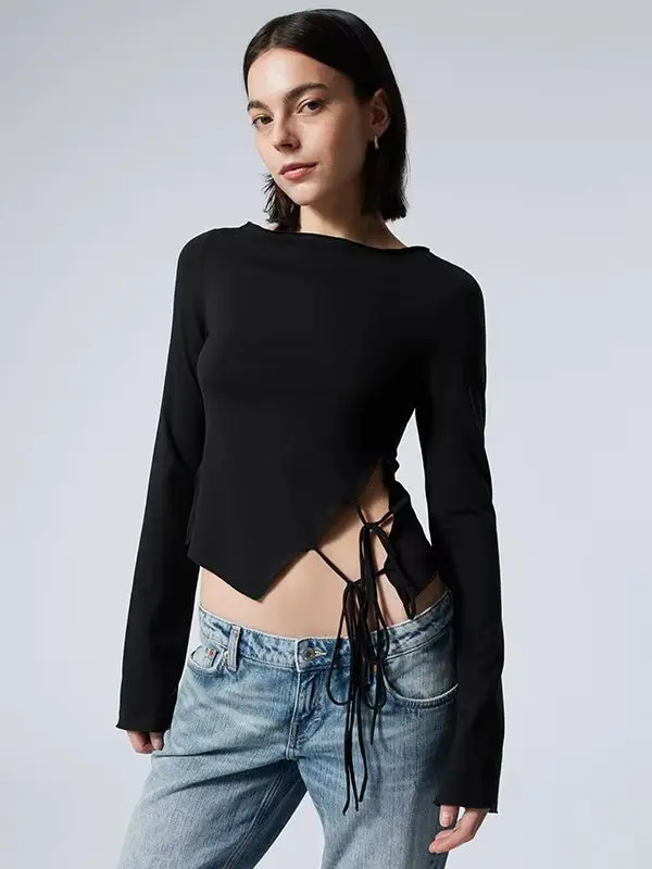 

Женская блузка с боковым разрезом, мода Y2K, осень-зима, рубашки на выход, укороченные топы с длинными рукавами, осенний однотонный тонкий пуловер с круглым вырезом