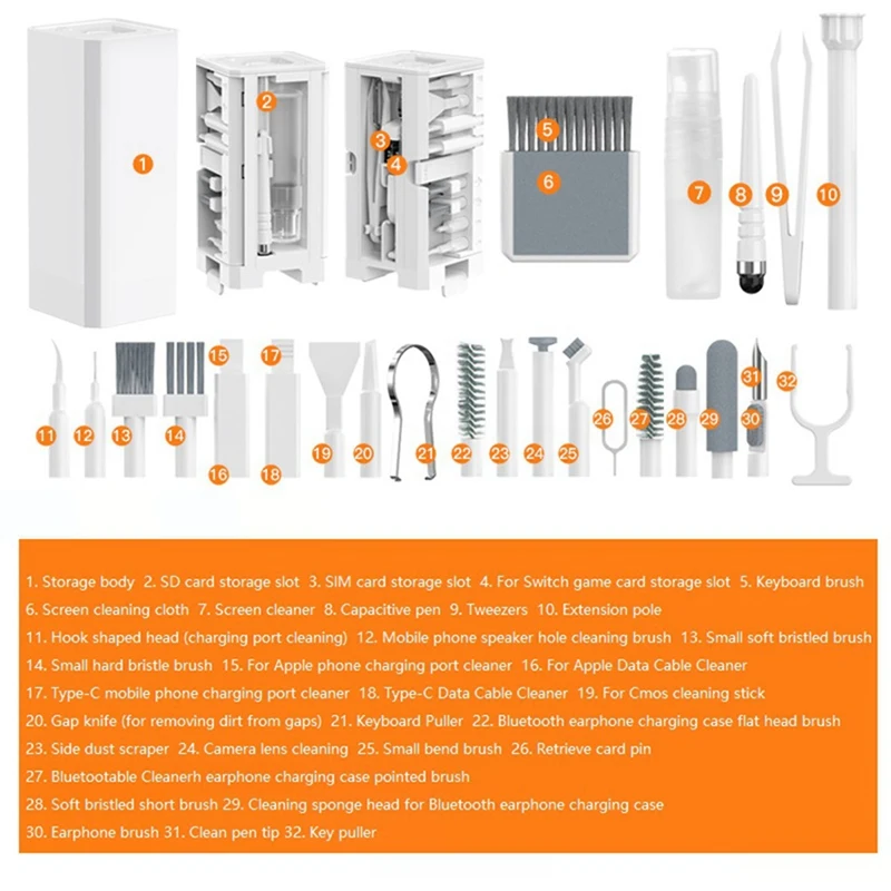 32-in-1 전자 클리너 키트, 노트북 키보드 전화 청소 브러시 헤드셋, 클린 펜 스크린 클리너 키캡 풀러 세트