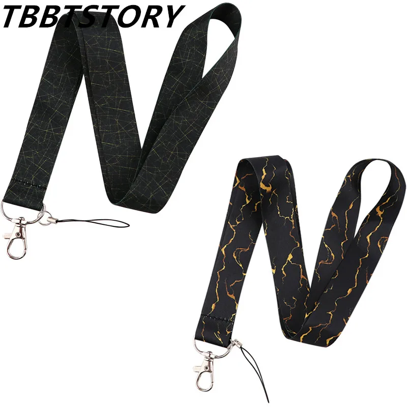 Black Marble Grain Pattern Print Mobile Phone Rope Lanyards Keychain ID Card Badge Holders Neck Straps Ribbon Accessories Gifts