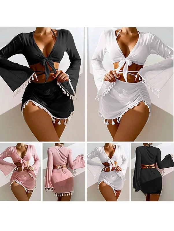 

Женский комплект бикини 2025: купальник с длинными рукавами, защита от солнца, с бахромой, раздельный, из четырех предметов, однотонный, для пляжа, с V-образным вырезом, полиэстер