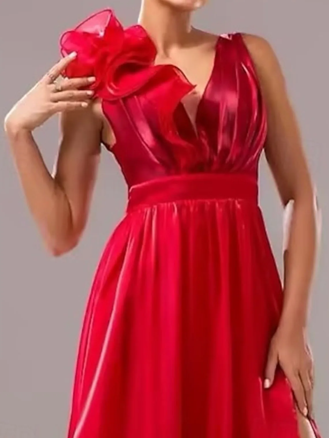 Fashion Elegant A-line Prom Gown Sleeveless V Neck Organza Shoulder Flower Slit Ruched Wedding Guest Dress 2025 Free Customized