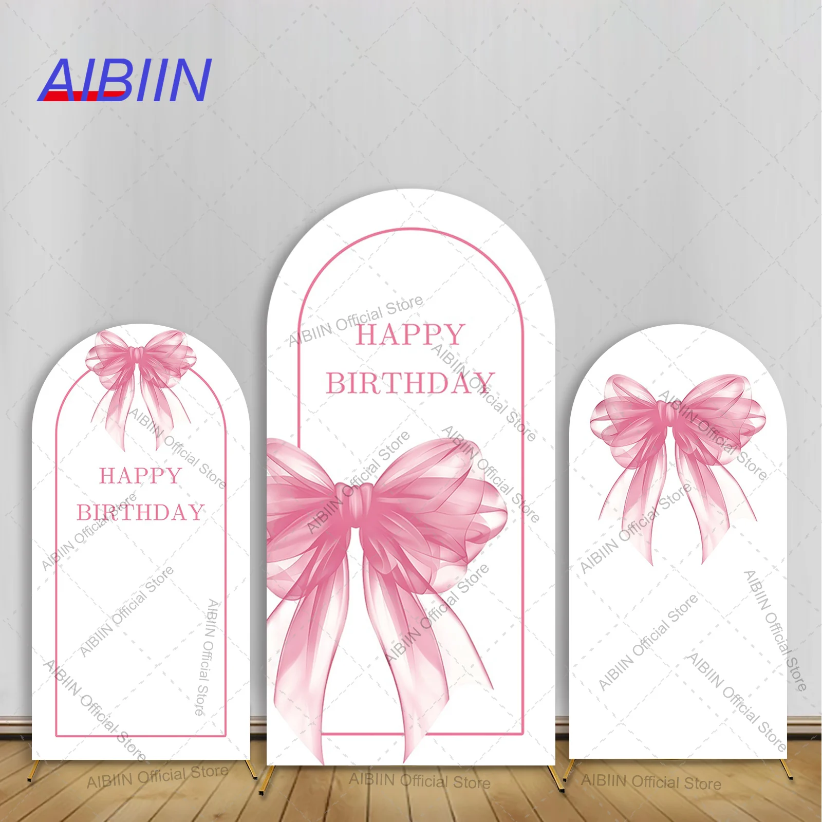 

Pink Bow Happy Birthday Arch Backdrop Cover Butterfly Bowknot Lay Women Girl Cake Party Decor Maternity Baby Shower Background