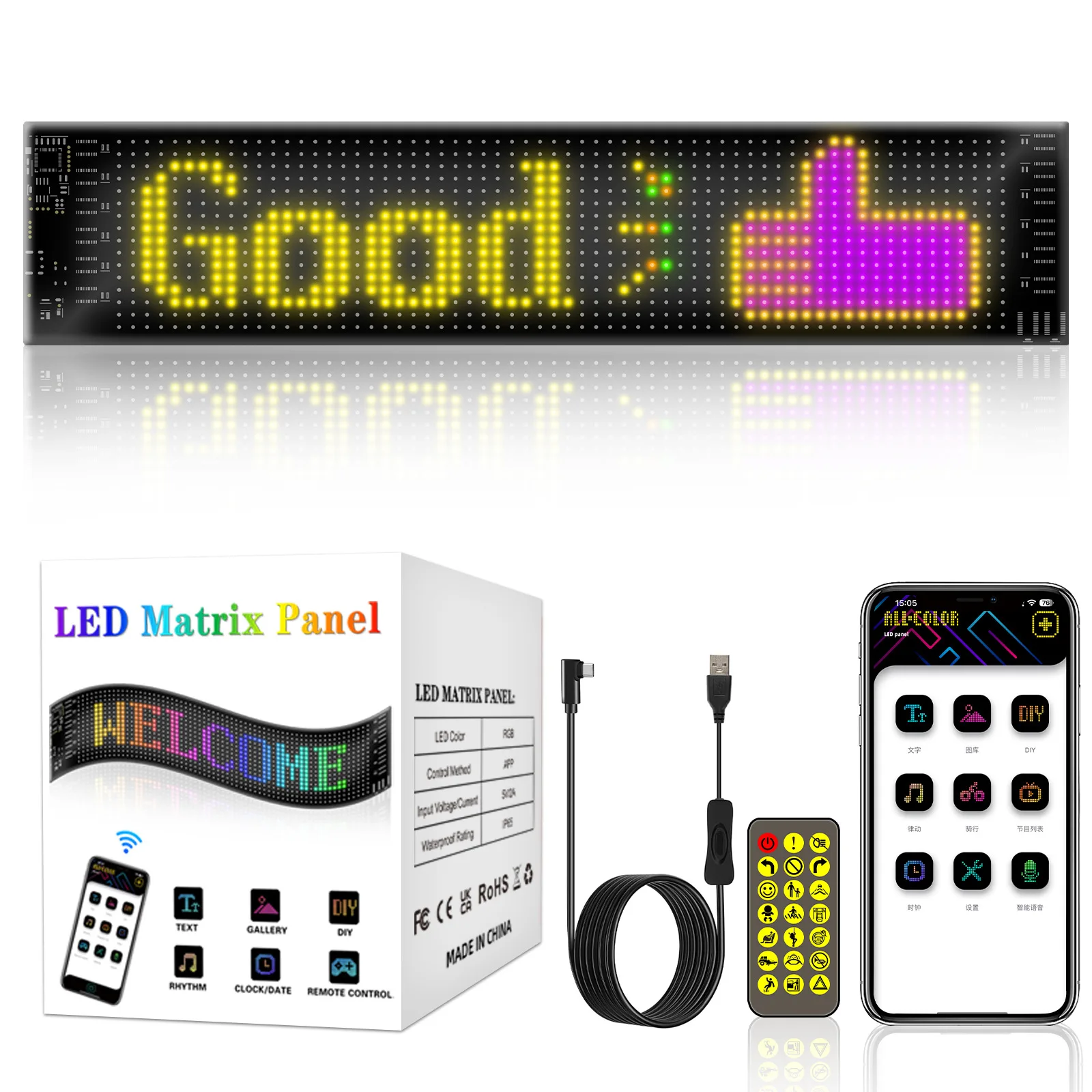 

LED Matrix Panel Lights USB 5V Scrolling Bright Advertising Flexible Display Programmable Car Sign With Bluetooth APP & Remote