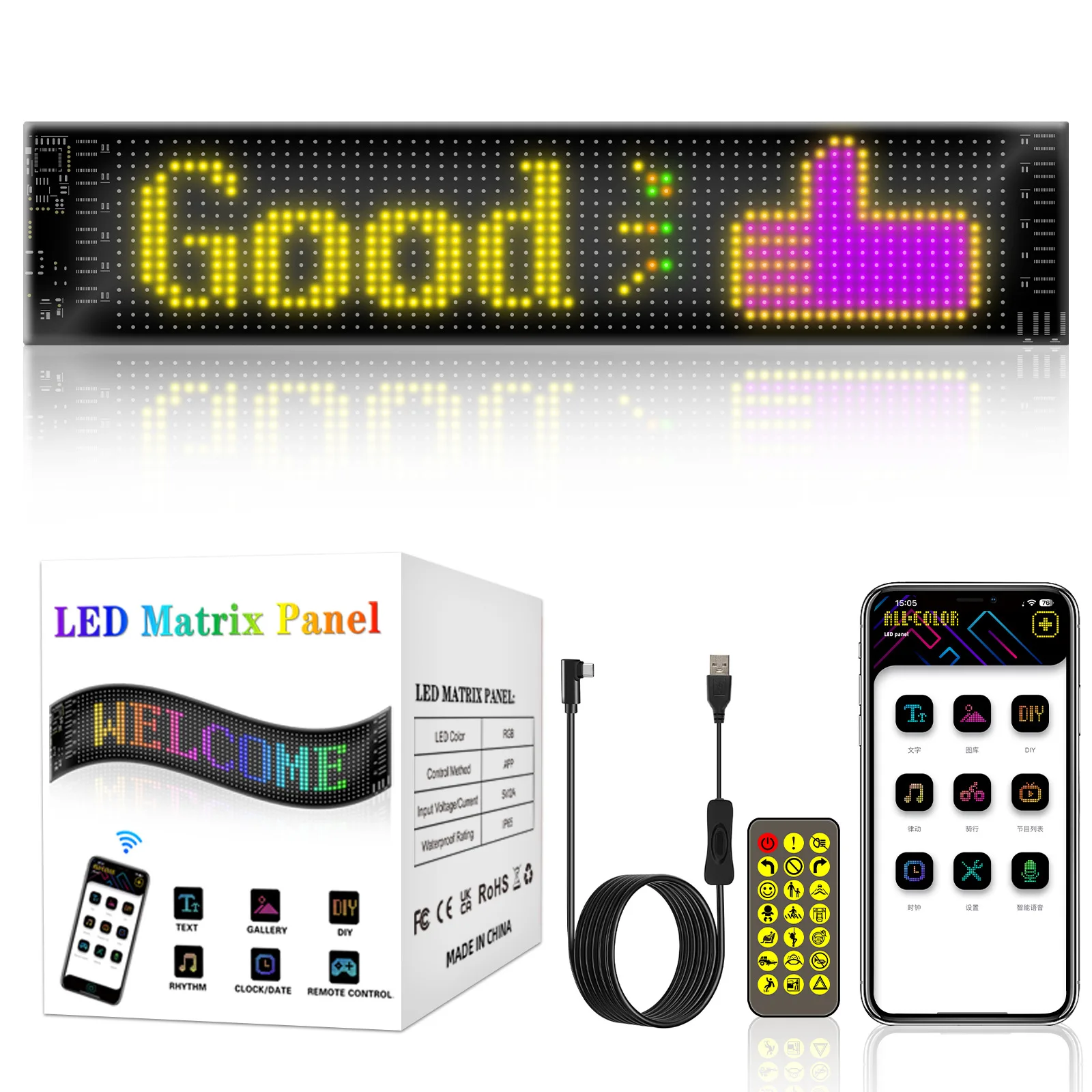 LED Matrix Panel Lights USB 5V Scrolling Bright Advertising Flexible Display Programmable Car Sign With Bluetooth APP & Remote