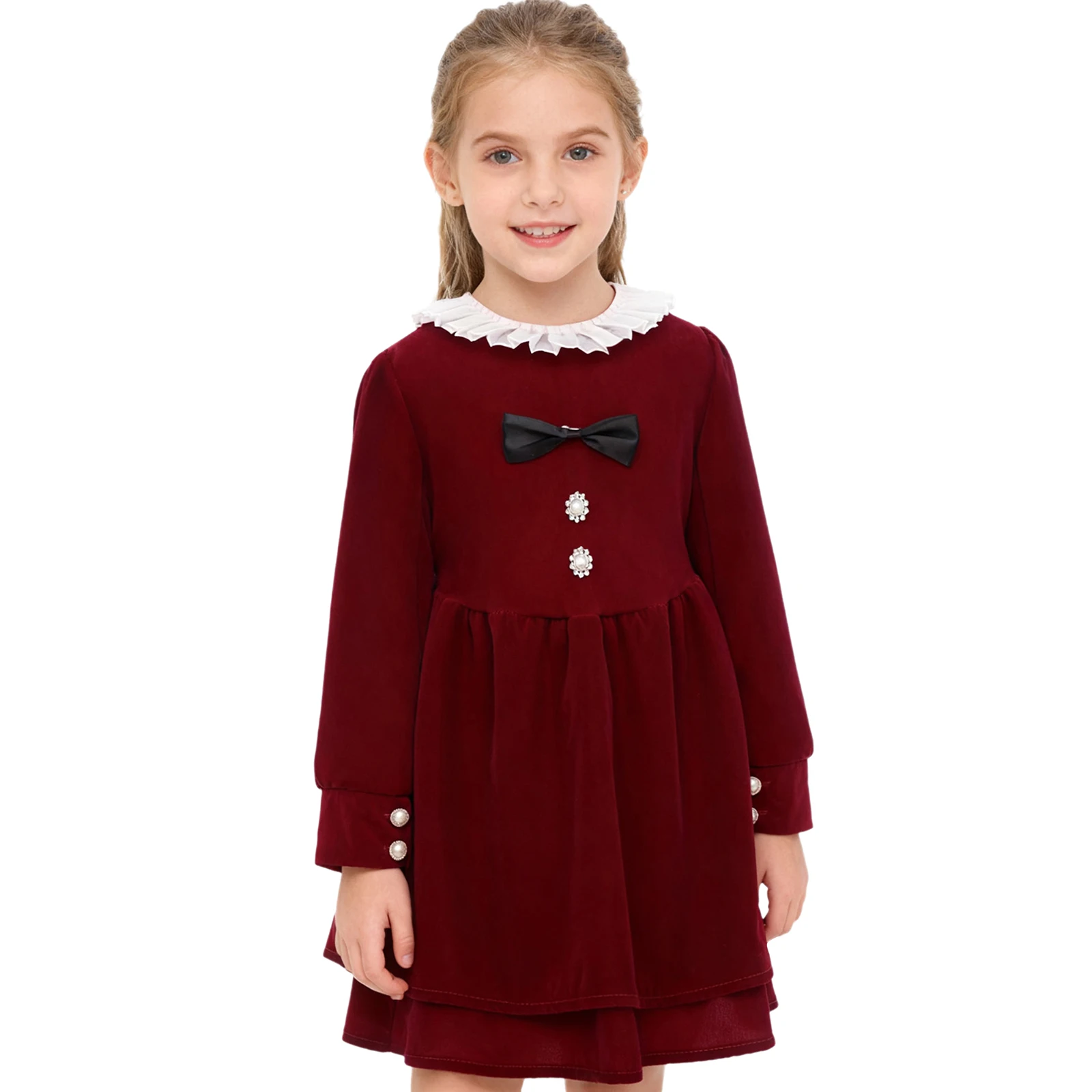 

Kids Girls Christmas Dress Cute Bow Pleated Collar Long Sleeves Back Zipper Velvet Dress for Evening Birthday Party Dress Gown