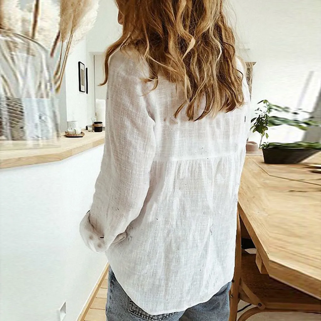 Fashion Women\'s Loose Oversized Women Cotton Linen Blouse Autumn Fashion Lady Turn Down Collar Long Sleeve Solid Shirt Top