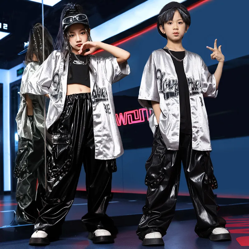 Chidren Summer Girls costume hip hop costume Grey short sleeve T-shirt Grey polyester pants 2 piece jazz dance set