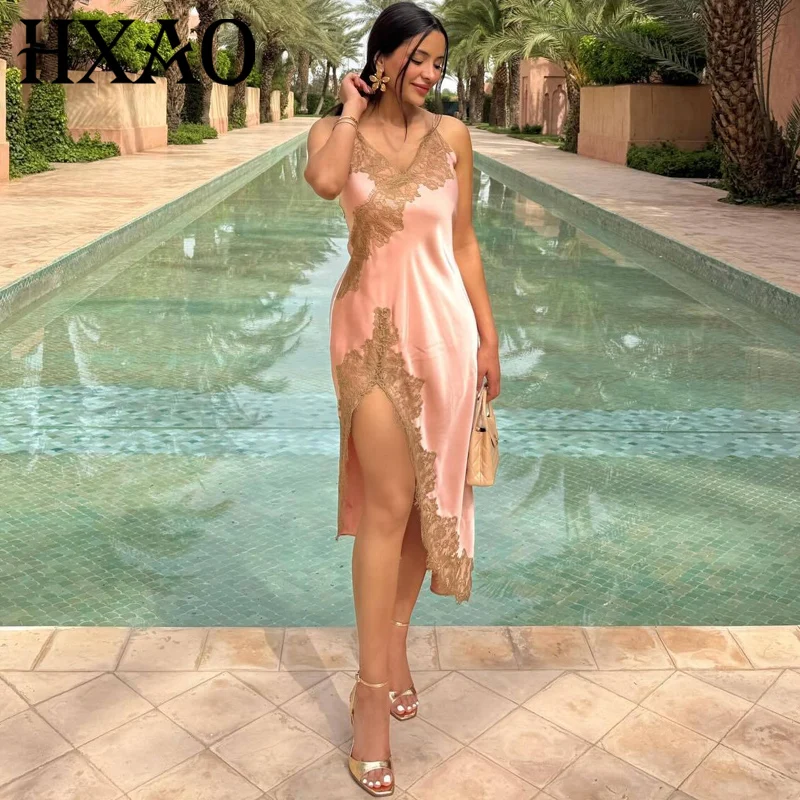 HXAO Asymmetrisches Satin-Slip-Kleid für Damen, Midi-Kleid mit Spitze, ärmellos, rückenfrei, Kleider für Damen, elegante Partykleider