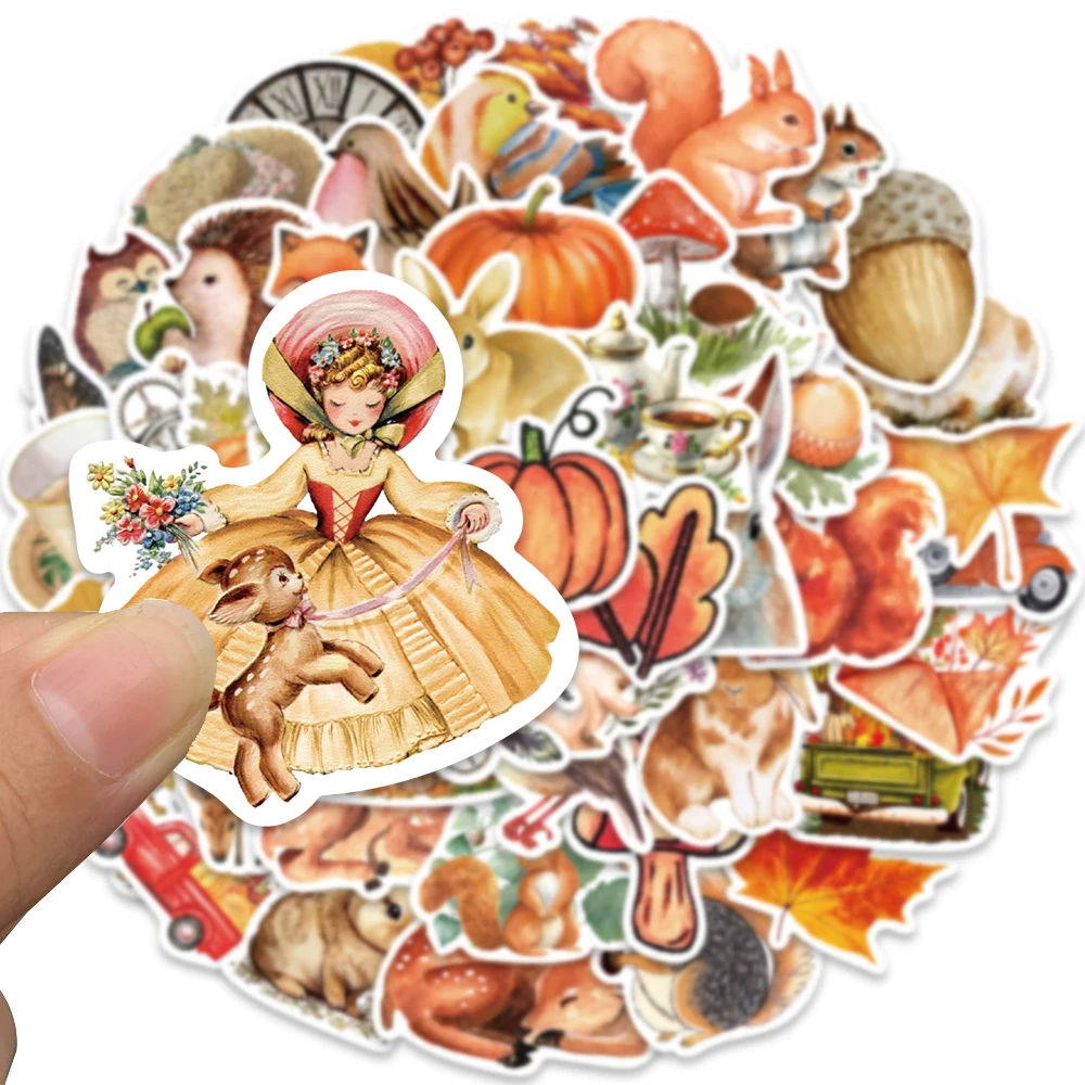 50pcs Autumn Forest Stickers Rabbit Sika Deer Maple Leaf Decals Vinyl Waterproof Laptop Luggage Motorcycle Helmet Stickers