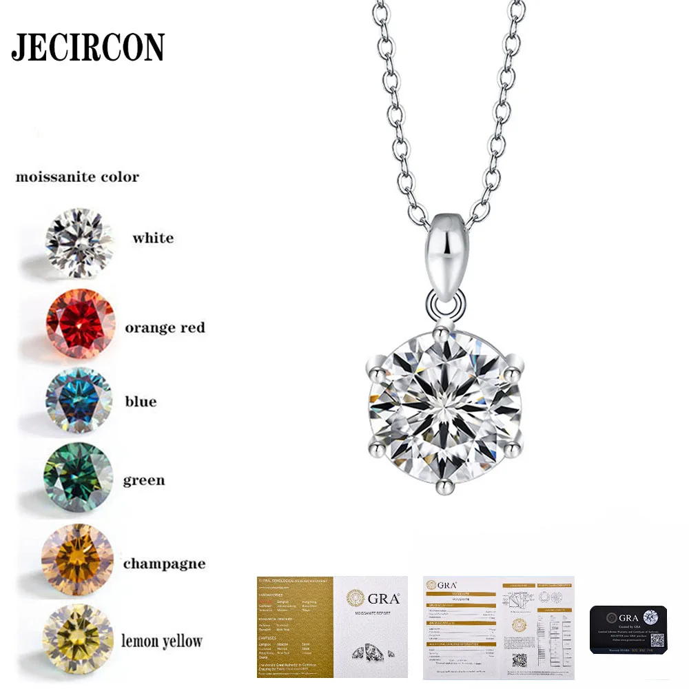 

JECIRCON 925 Sterling Silver Moissanite Necklace for Women Classic 6-Claw Simple Single Diamond Pendant Clavicle Chain Versatile