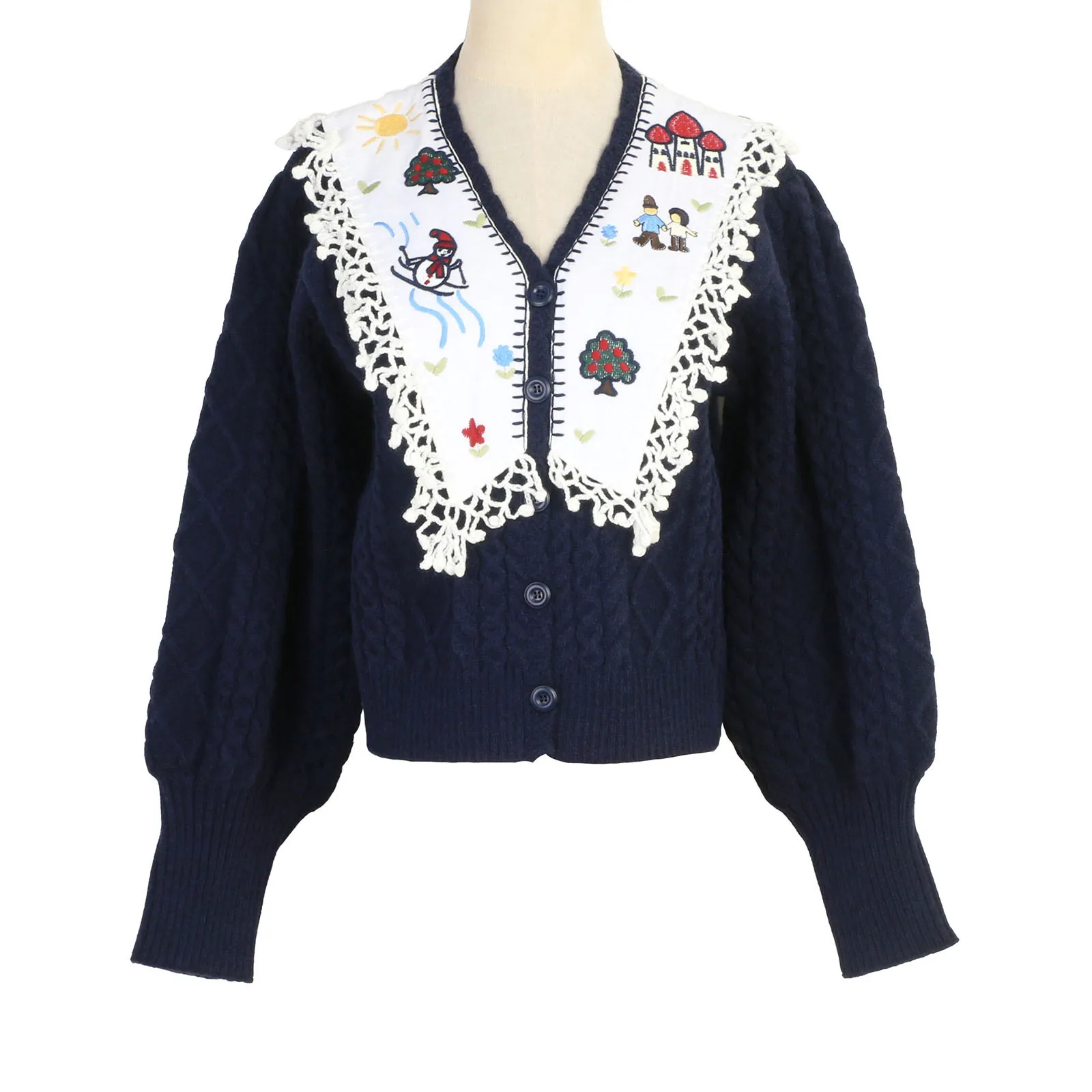 

Autumn And Winter New Sweet Short Long-sleeved Cardigan V-neck Embroidered Snowman Women's Sweater Korean Women's Sweater
