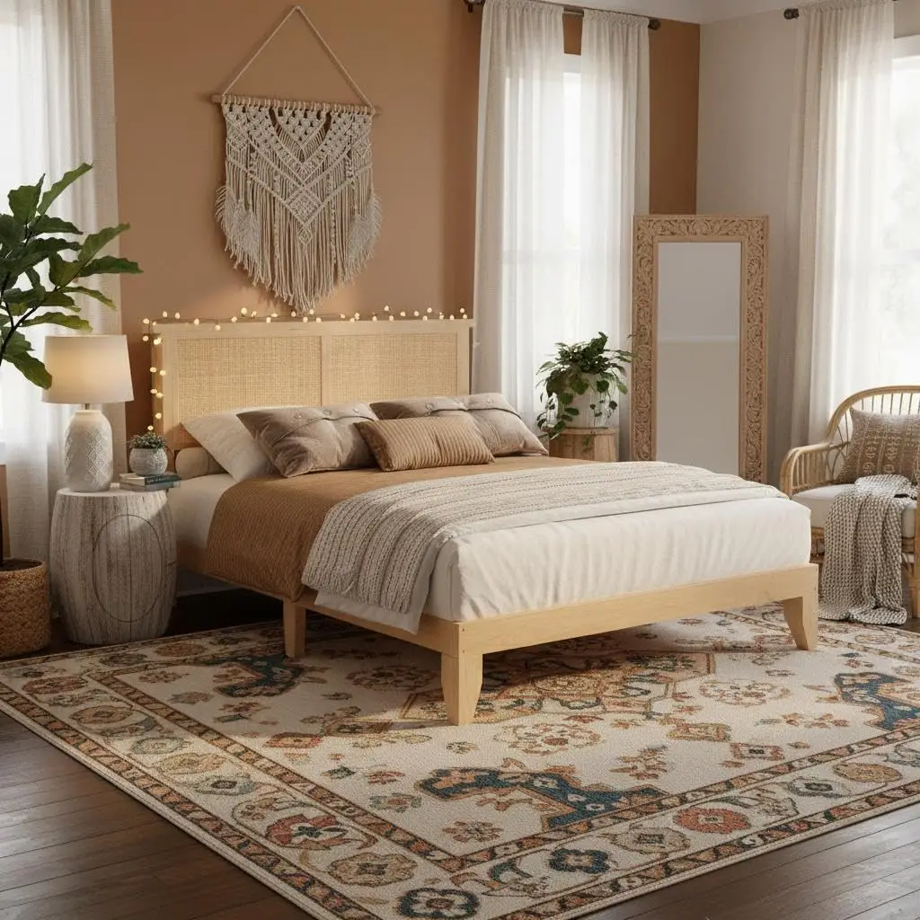 Bed LED Natural Headboard Solid Wood Frame No Box Spring Bedroom, Customized