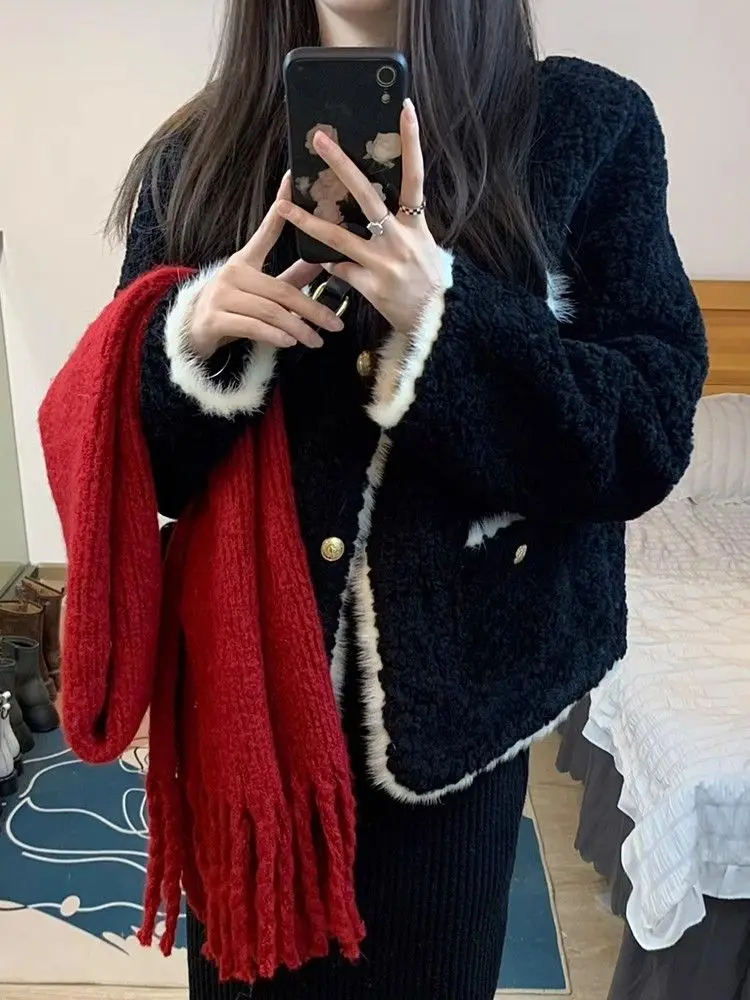 Xiaoxiangfeng Women's Coat Versatile Imitation Lamb Fur Plush Short Coat Black Thick Young Top