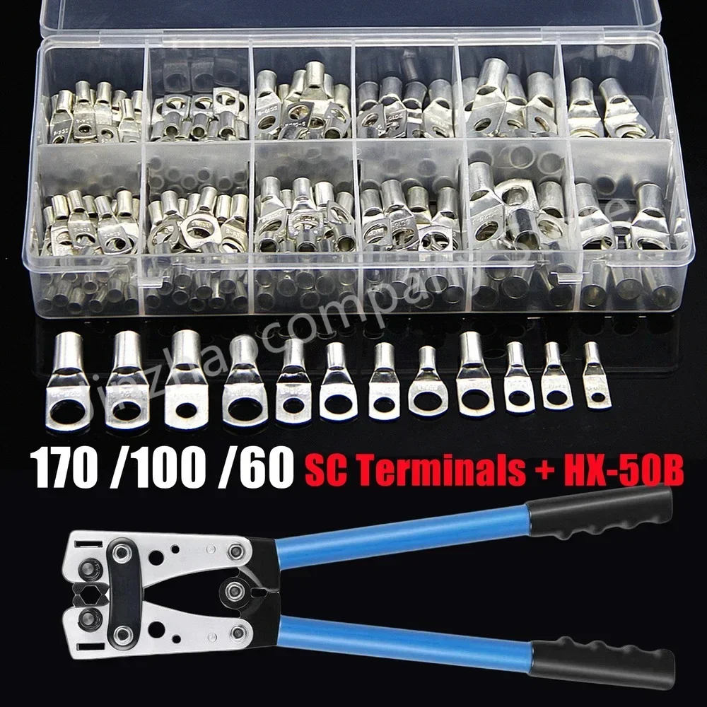 Terminal de cobre desencapado Lug, fio elétrico Crimp Connector Kit, Terminal de bateria anel, HX-50B Alicate, SC6-6, SC16-8, SC25-8, 170 pcs, 60pcs