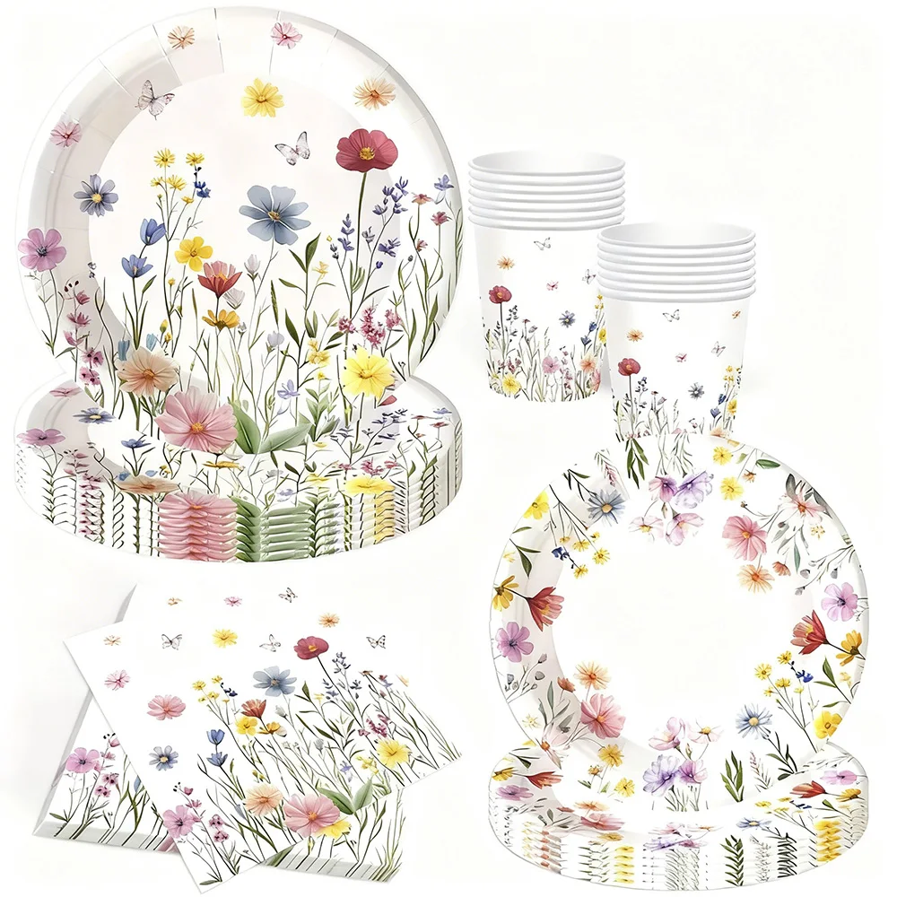 60 Uds Vajilla Desechable Fiesta Flores Silvestres Platos Vasos Servilletas Papel Floral Suministros Decoración Para Boda Primavera Cumpleaños En Jardín Baby Shower Despedida Soltera Elegante