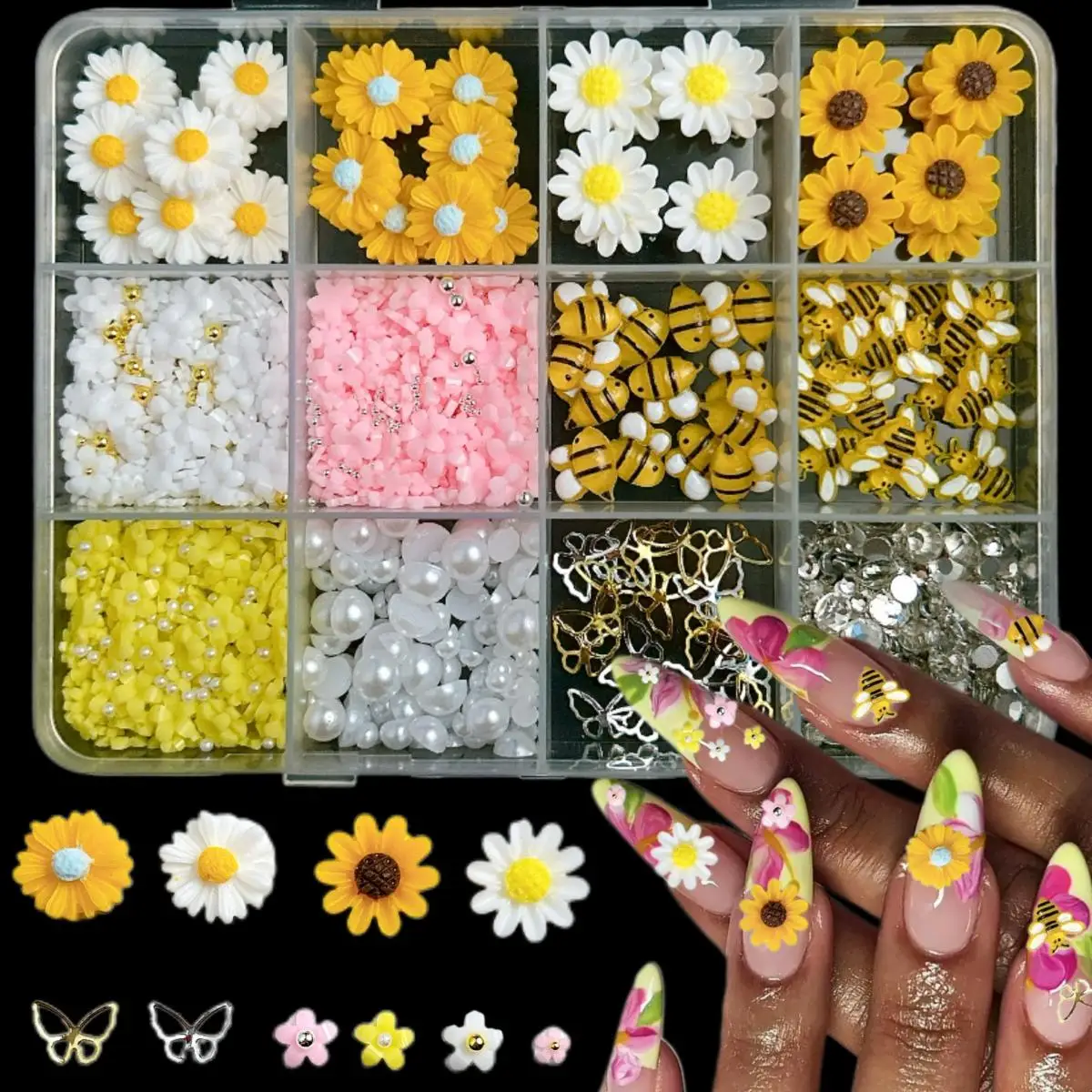 

1Box Gradient Colorful Soft Flowers Nail Charms 3D Sweet Daisy Cute Bee Mini Small Blossoms Resin Nail Art Decorations DIY Nails