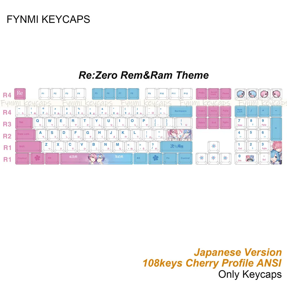 Колпачки для клавиш Rem Ram RE ZERO 108, колпачки для клавиш ANSI Cherry Proflie Dye Sublimation PBT от Fynmi, заводские колпачки для клавиш