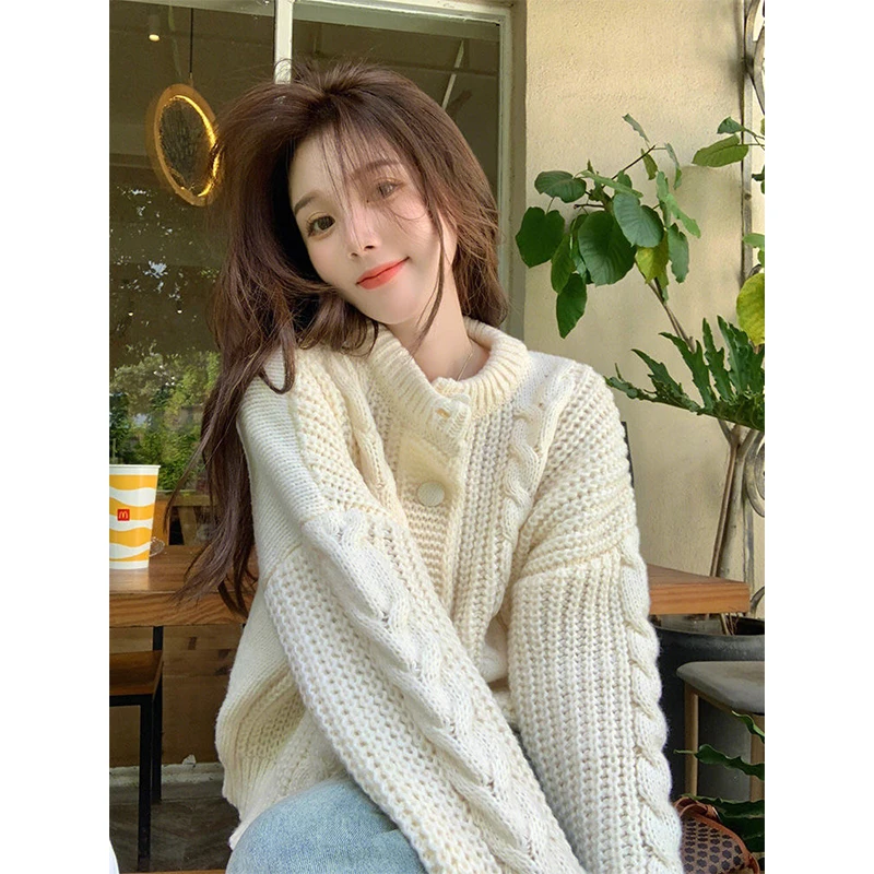 Vintage O-neck Knitting Cardigan Women Autumn Winter Simplicity Loose Solid Color Sweater Coat Sweet All-match Knitwear Tops