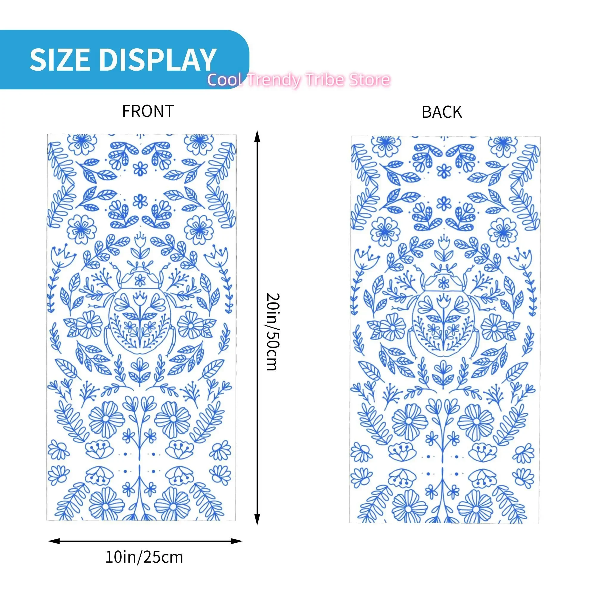 Blue Line Retro Scarab Flower Line Art Scarab Artistic Folk Style Novelty Head Scarf Bandana for Women Boho Floral Hair Wrap Sum