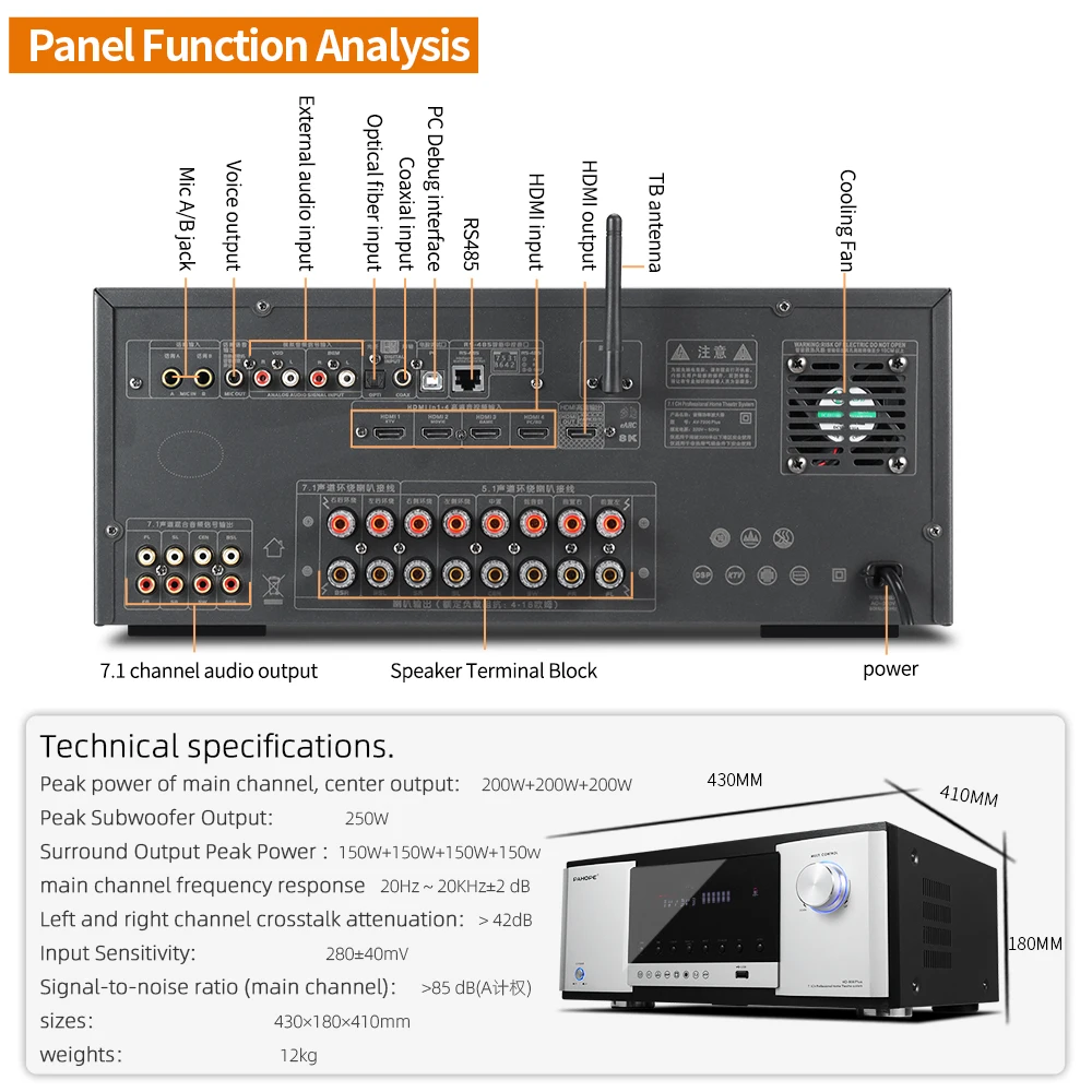 High Power 7.1 Channel Home Theater Amplifier DTS HD AV Digital Power Amplifier With BT USB Metal Audio System Theater Use