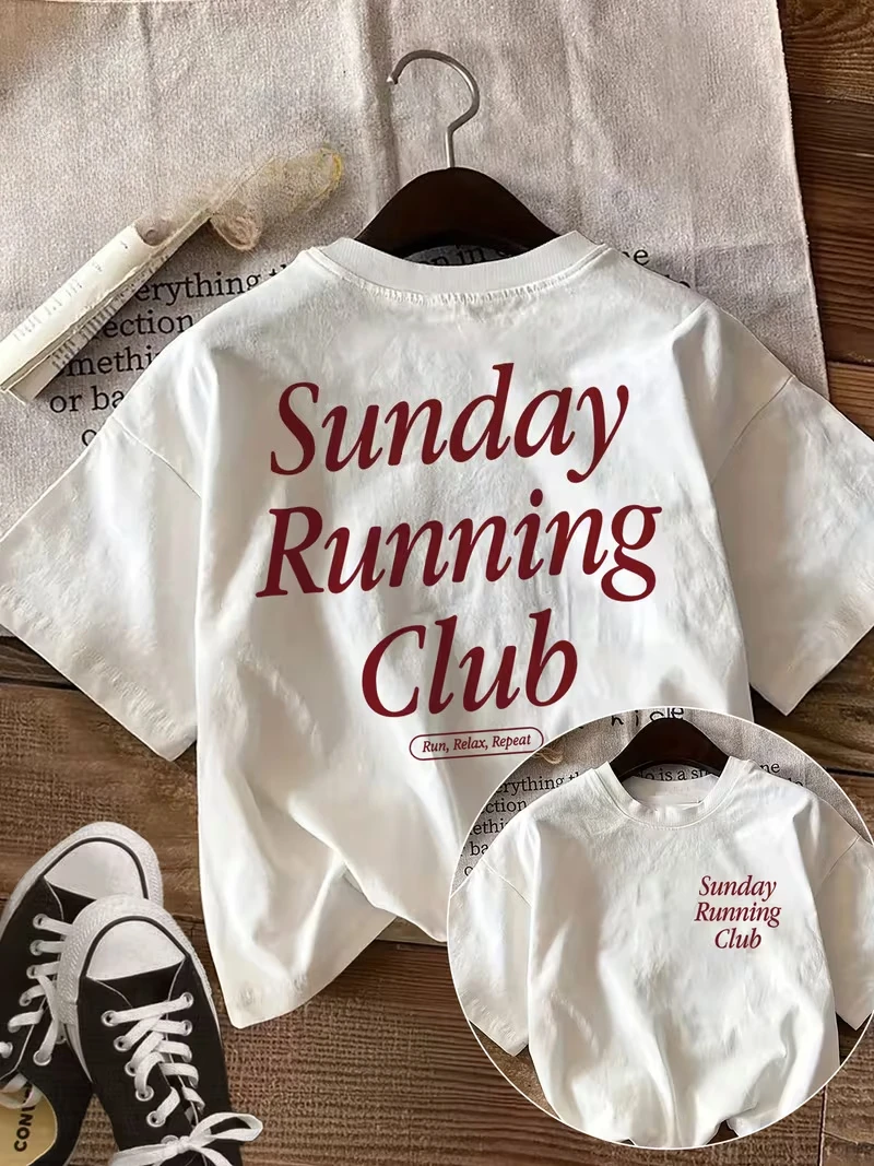 Blusa feminina com estampa dupla face, estilo Y2k, texto Sunday Running Club, casual primavera-verão, gola redonda, manga curta estampada