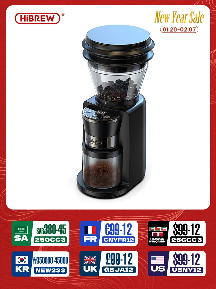 HiBREW Automatic Burr Mill Electric Coffee Grinder with 34 Gears for Espresso Pour Over Visual Bean Storage G3