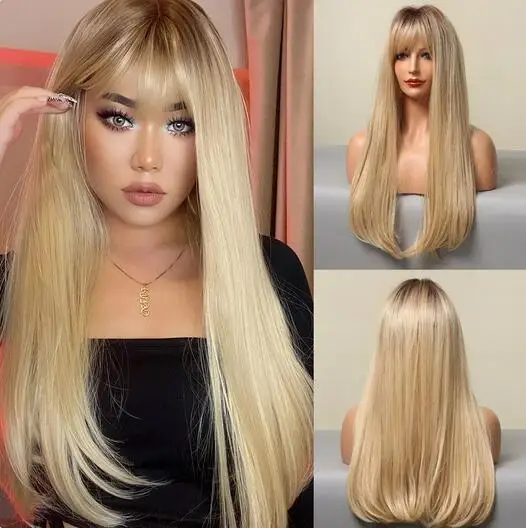 

Long Straight Silky Wigs with Bangs Blonde Ombre Soft Hair Wig for Women Cosplay Party Lolita Natural Heat Resistant Fake Hairs