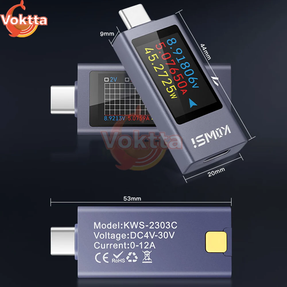 KWS-2303C Type-C Tester DC Voltmeter Ammeter DC 4-30V 0-12A Current and Voltage Test Monitor Power Meter Battery Capacity Tester