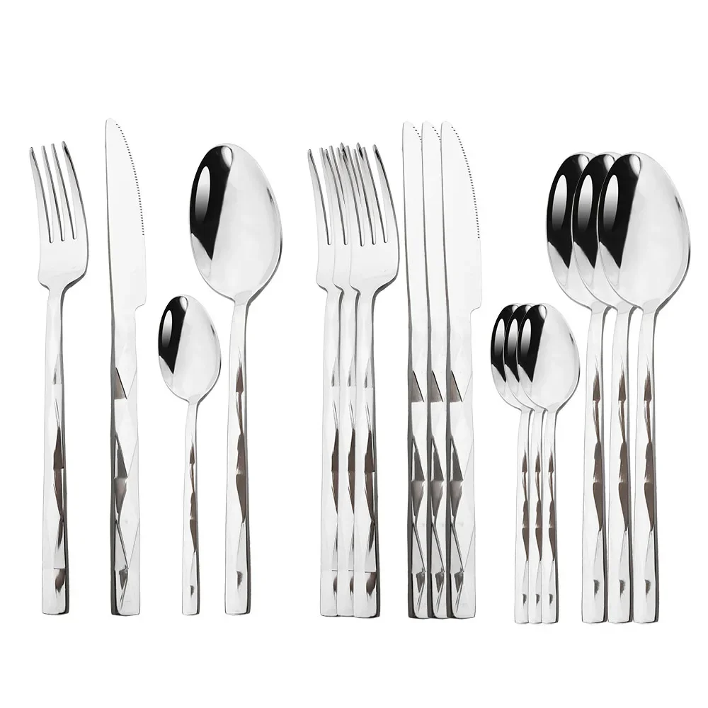 

16pcs Dinnerware Set Stainless Steel Cutlery Set Bling Diamond Shape Handle Knife Fork Spoon Tableware Flatware Kitchen