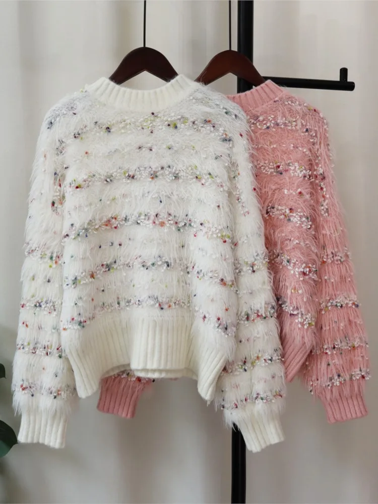 

Fashion Striped Knitted Sweater Women Autumn Winter 2025 New Fashion Elegant Contrasting Pullover Long Sleeve O Neck Jumper