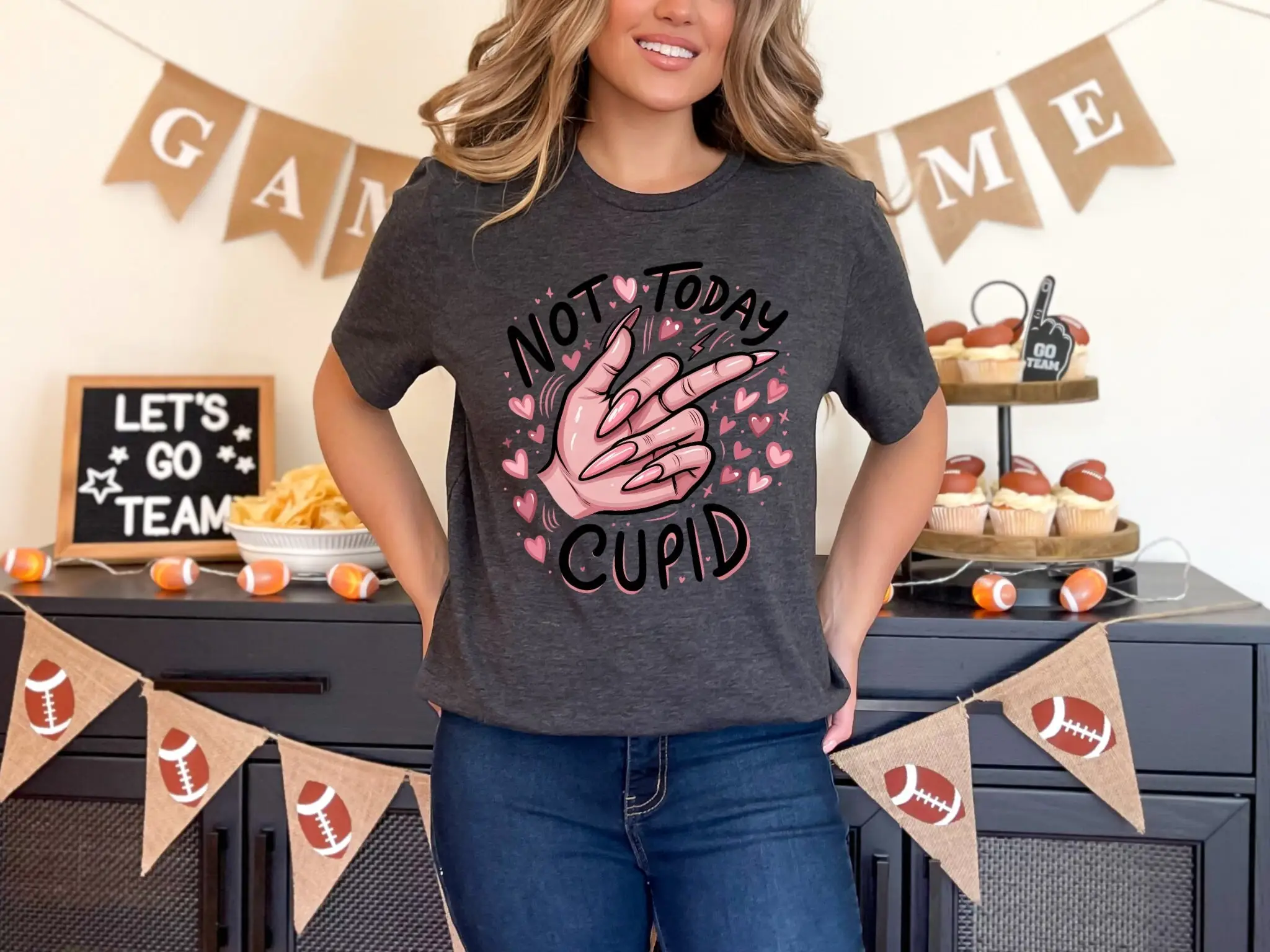 Unique Valentine's Day T Shirt 'Not Today Cupid' Middle Finger Gesture DTG Bold Anti Statement Top