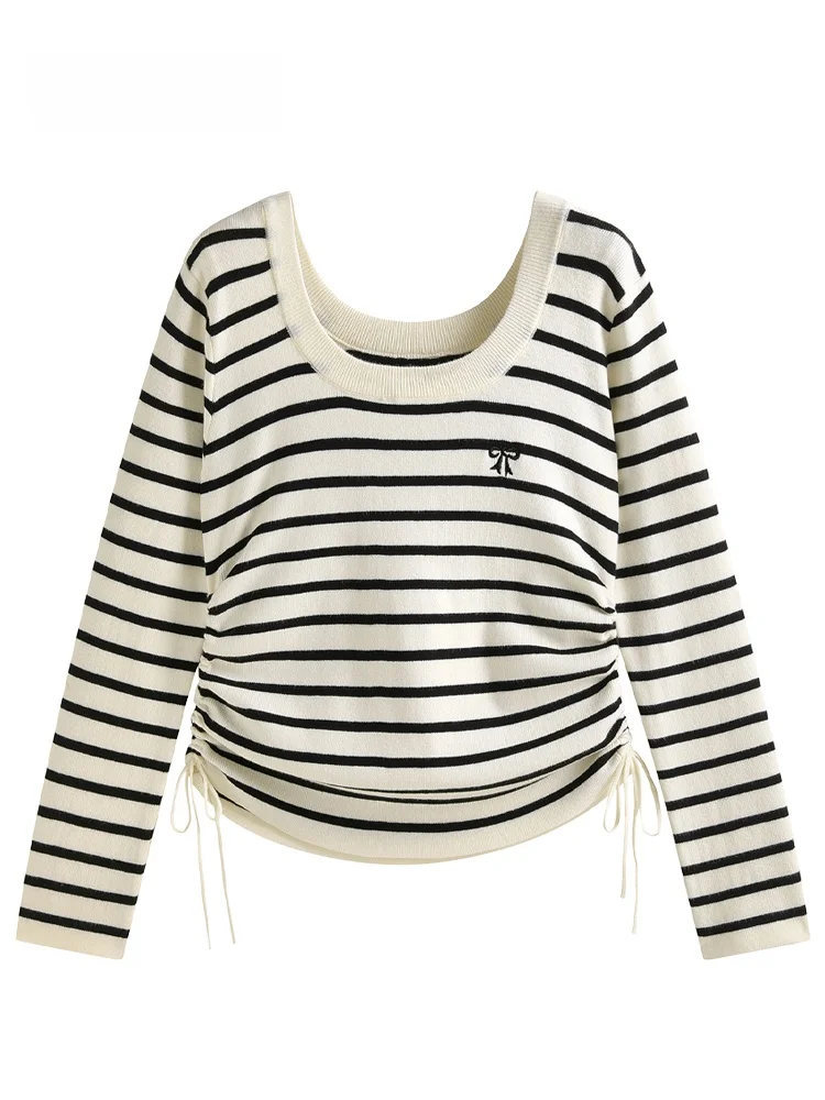 

Женский вязаный свитер JZZDEMM с завязками и вышитыми узлами, полосатый узорчатый топ для офиса